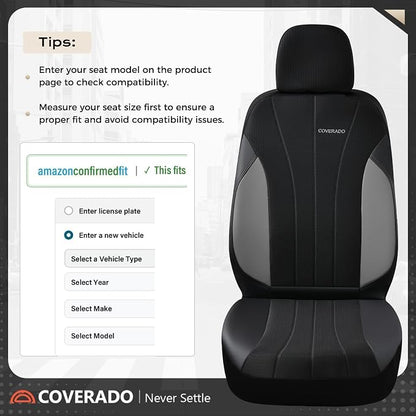 Coverado Seat Covers for Car 2 Seats, Leather Car Seat Covers Fullset, Breathable Mesh Front and Rear Protectors, Grey Luxury Automotive Covers, Universal Fit for SUV, Truck, Sedan