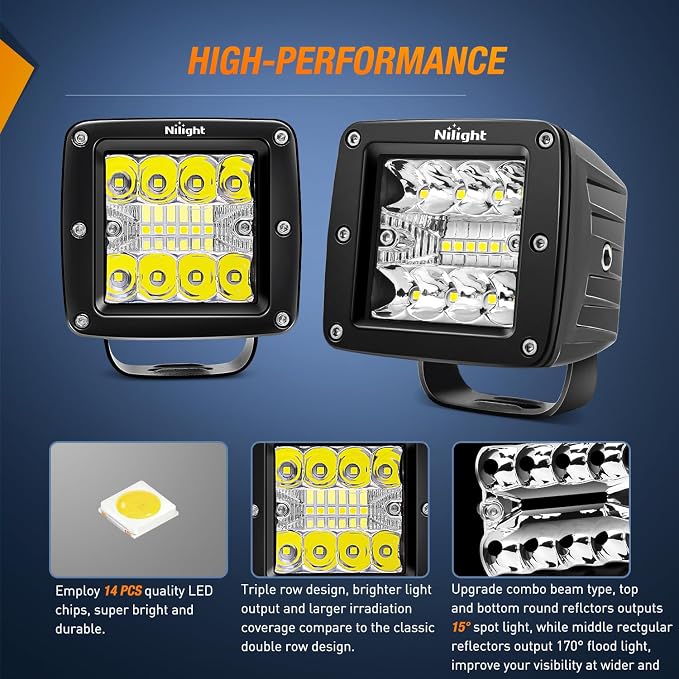 Nilight 2Pcs 3Inch 42W LED Cubes Upgraded Spot Flood Combo Square Driving Fog Off Road Lights 12V 5Pin Rocker Switch Wiring Harness Kit-2 Leads