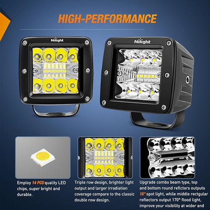 Nilight 2Pcs 3Inch 42W LED Cubes Upgraded Spot Flood Combo Square Driving Fog Off Road Lights 12V 5Pin Rocker Switch Wiring Harness Kit-2 Leads