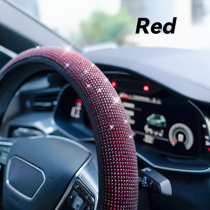 Bling Steering Wheel Cover, Rhinestone Steering Wheel Cover with Crystal Diamond for Women, Sparkling Car Wheel Protector Universal Fit 14-15 inches - Red
