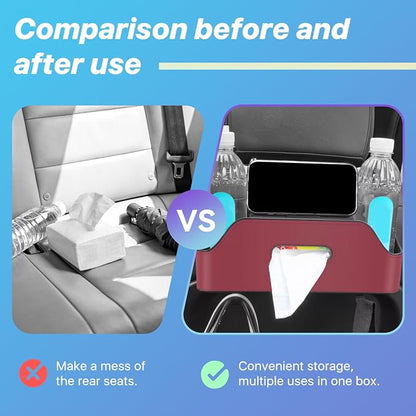 Car Seat Back Organizer, 3-in-1 Vehicle Backseat Storage Box with Cup Holder Tissue Box Trash Bin & Hooks, Multifunctional Auto Interior Headrest Organizer, Universal for SUV RV Truck (Red)