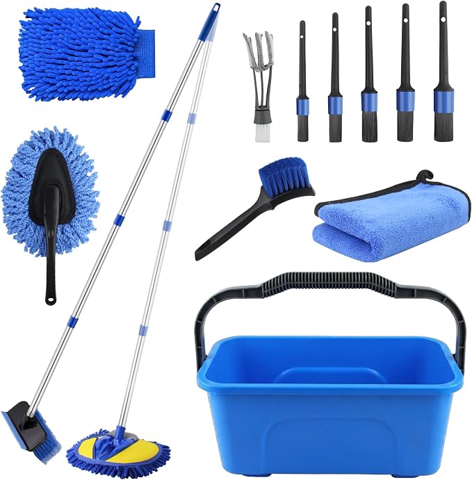 17Pcs Car Wash Kit with Bucket, Car Cleaning Kit with 62" Long Handle Car Wash Brush Mop, Mitt Duster Wheel Brush Detailing Brushes Towel, Car Washing Supplies for Cars RV Truck Exterior and Interior