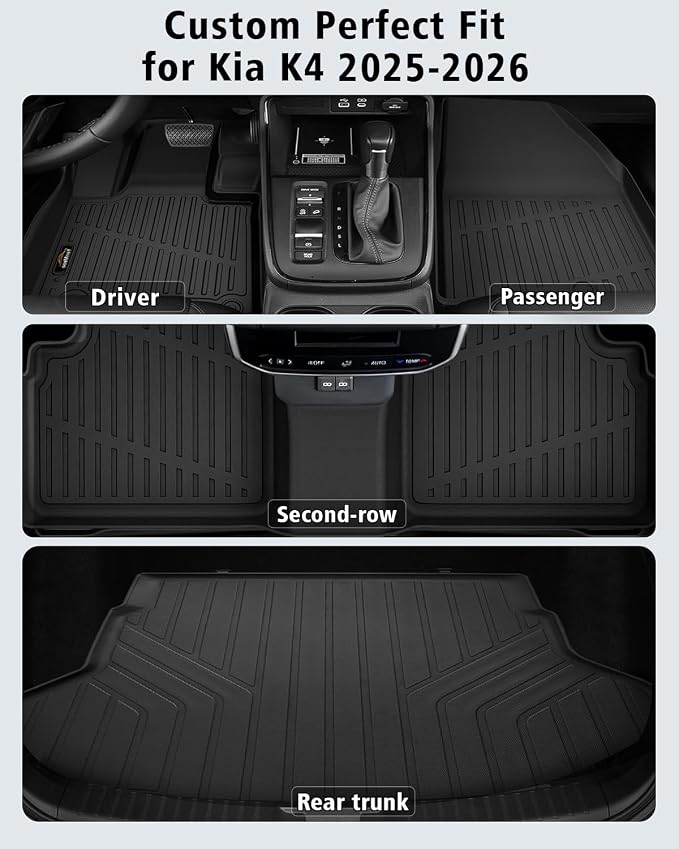 Floor Mats & Cargo Liner Custom Fit for Kia K4 2025 2026 Sedan All Weather TPE Rubber Trunk Mat Anti-Slip Full Set Automotive Floor Liners for Kia K4 2025 Accessories