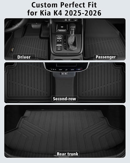 Floor Mats & Cargo Liner Custom Fit for Kia K4 2025 2026 Sedan All Weather TPE Rubber Trunk Mat Anti-Slip Full Set Automotive Floor Liners for Kia K4 2025 Accessories
