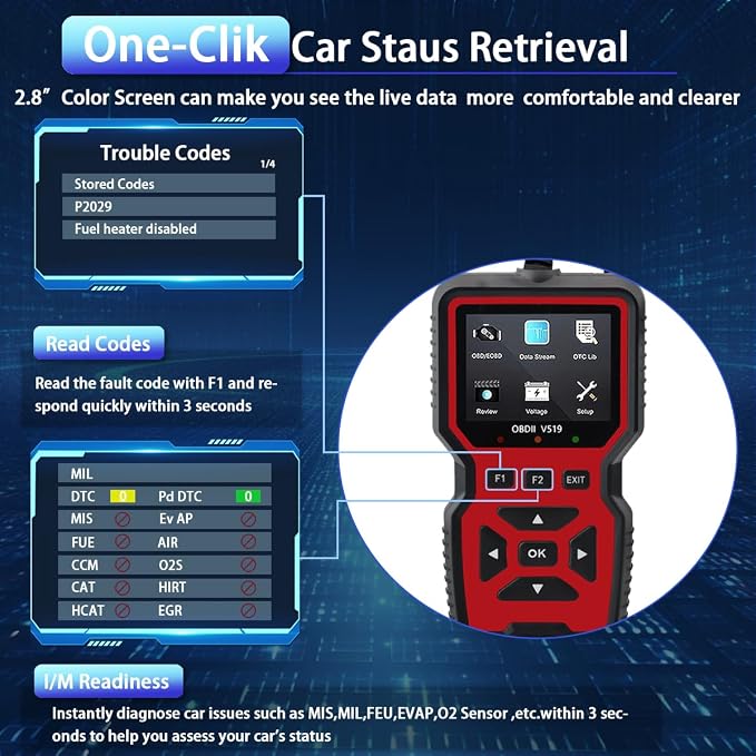 2025 New OBD2 Scanner Diagnostic Tool - Check Engine Light Code Reader with Reset, Battery Voltage Tester, Modes 6 & 8, Suitable for All OBD II Protocol Car & Truck Since 1996