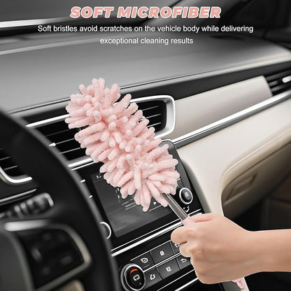 2PCS Car Interior Duster with Extension Pole, 11.8 to 30.5 Inch Retractable Dusters Washable Car Interior Cleaning Brush, Soft Scratch-Free Chenille Auto Dash Vent Window Duster (Light Pink)