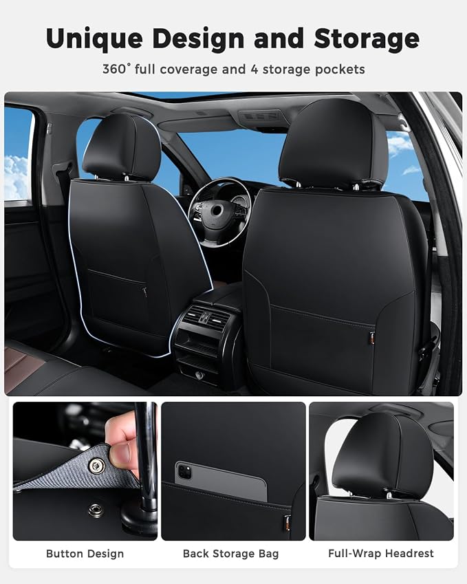 Huidasource Seat Covers Full Set, Universal Fit for Most Cars SUVs Trucks, Full Coverage Leather Seat Cover, Airbag, Cupholder Compatible, Seat Function Retain, Easy Install with Velcro, Black&Coffee