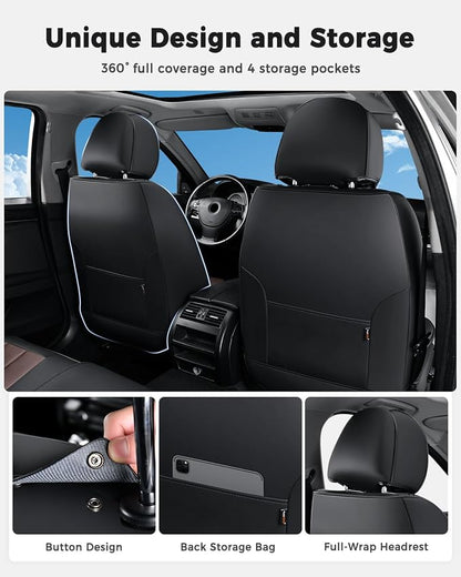 Huidasource Seat Covers Full Set, Universal Fit for Most Cars SUVs Trucks, Full Coverage Leather Seat Cover, Airbag, Cupholder Compatible, Seat Function Retain, Easy Install with Velcro, Black&Coffee