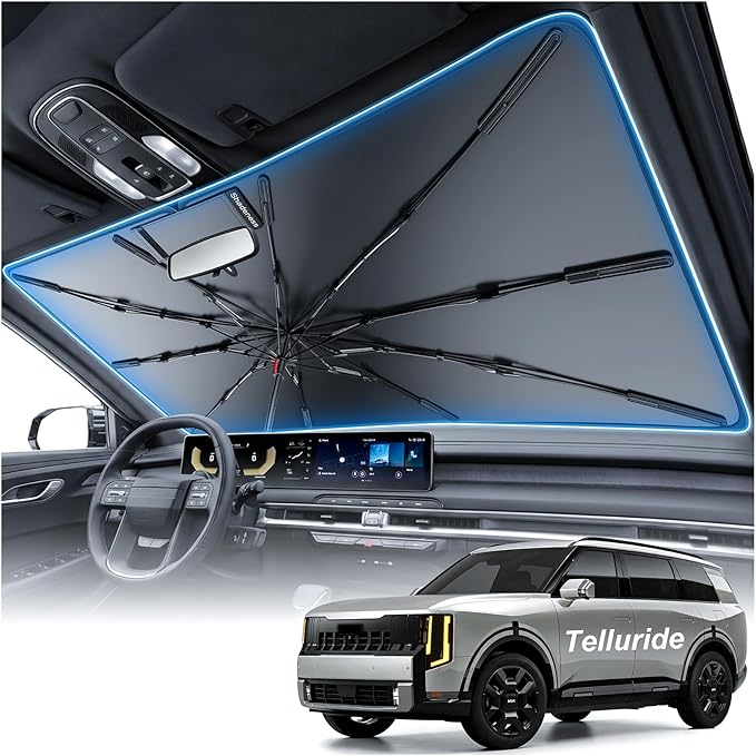2026 Upgraded Windshield Sun Shade Umbrella for Kia Telluride [Precision Custom Fit, Superior UV & Heat Block] Cooling Tech Fabric, Durable Foldable with Storage Bag, Fits 2020-2025