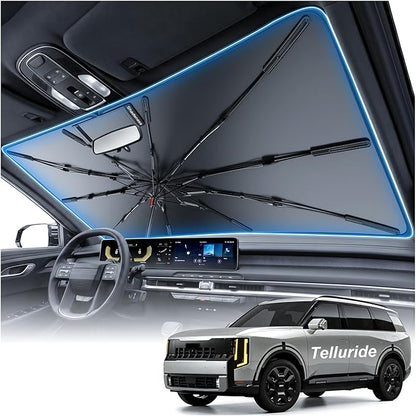 2026 Upgraded Windshield Sun Shade Umbrella for Kia Telluride [Precision Custom Fit, Superior UV & Heat Block] Cooling Tech Fabric, Durable Foldable with Storage Bag, Fits 2020-2025