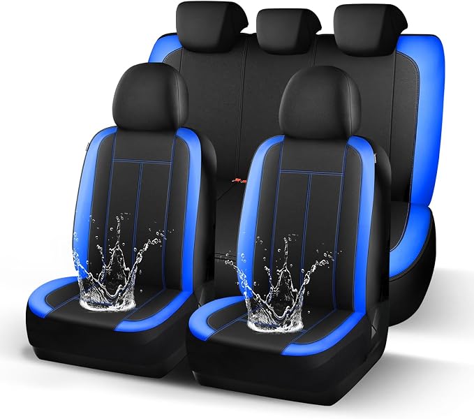 HChengkikz Car Seat Covers Full Set, Waterproof Neoprene Car seat Covers, Airbag Compatible, Universal Fit Automotive Seat Covers for Most Cars, Trucks, SUVs (Black + Blue)