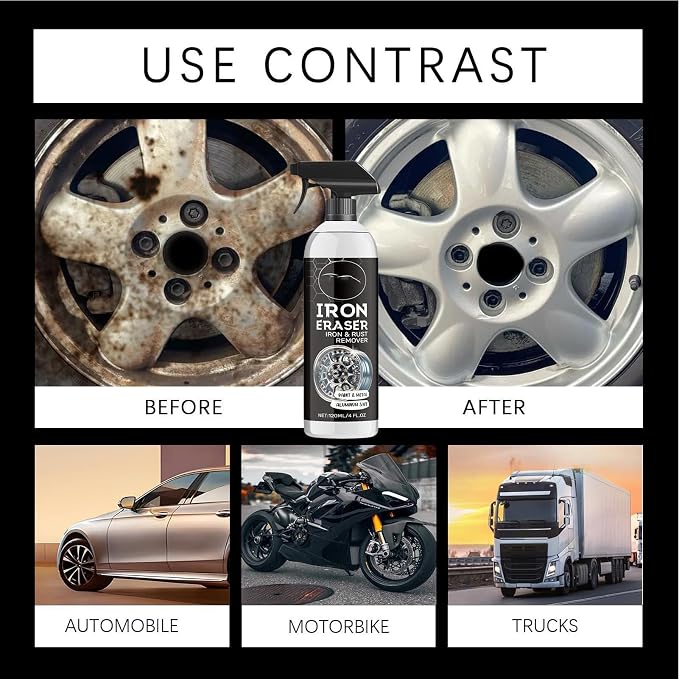 Iron Eraser Spray, Dust Removal Cleaning Mist, 120ml Car Paint Iron Removal Spray, for for Stain Yellowing Tire Brake Rim Chain Door Hinge Vehicle Truck SUV
