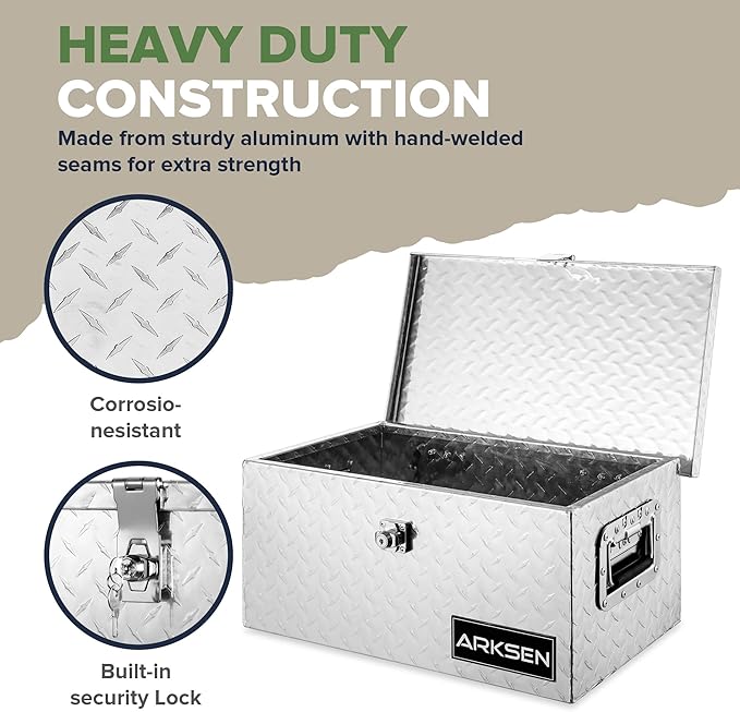ARKSEN 20 x 12 x 10 Inch Diamond Plate Truck Bed Tool Box, Heavy Duty Waterproof Aluminum Storage Chest with Side Handle & Lock for Pickup Truck Bed, RV & Trailer, Silver