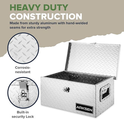 ARKSEN 20 x 12 x 10 Inch Diamond Plate Truck Bed Tool Box, Heavy Duty Waterproof Aluminum Storage Chest with Side Handle & Lock for Pickup Truck Bed, RV & Trailer, Silver