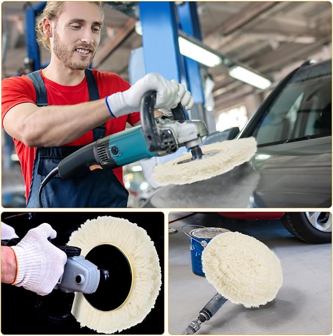 Tallew 6 Pcs 5 Inch Wool Polishing Pad Hook Loop Buffing Pad for Drill Curved Edge Compound Cutting Tool Drill Polisher Attachment Wheel Polish Kit Car Body Repair Buffing