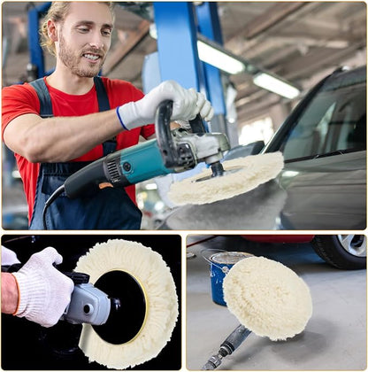 Tallew 6 Pcs 5 Inch Wool Polishing Pad Hook Loop Buffing Pad for Drill Curved Edge Compound Cutting Tool Drill Polisher Attachment Wheel Polish Kit Car Body Repair Buffing