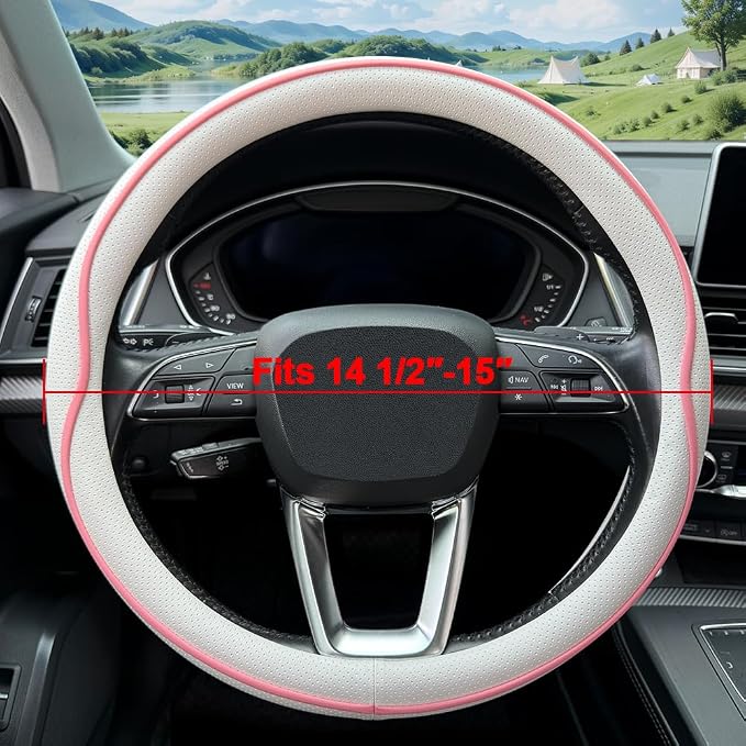 HAOTULE Leather Steering Wheel Cover， with Anti-Slip Stripe Design - Enhanced Grip, Fashion Style, Safe, Non-Slip, Breathable. Upgrade car Interior，White Pink