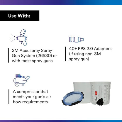 3M PPS 2.0 Spray Gun Cup, Lids and Liners Kit, 26301, Standard, 22 Ounces, 125-Micron Filter, Use for Cars, Furniture, House and More, 1 Paint Cup, 50 Disposable Lids and Liners, 32 Sealing Plugs