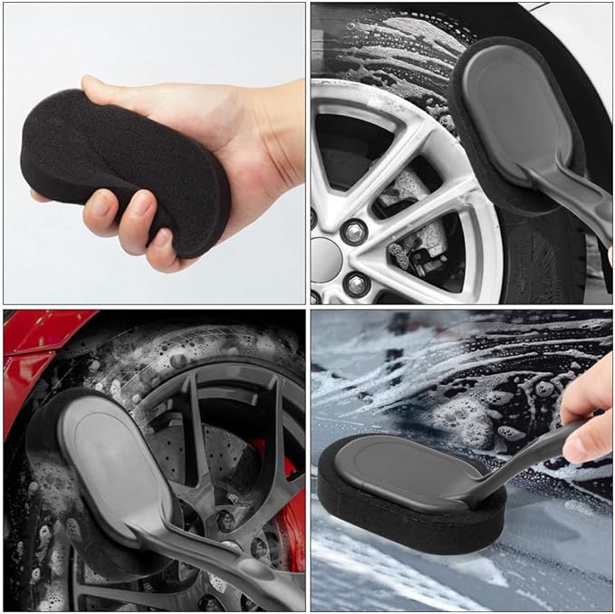 Tire Shine Brush with Handle for Car Wheels Detailing Wash Brush with Easy Replacement Sponge and Plastic Handle for Car Cleaning