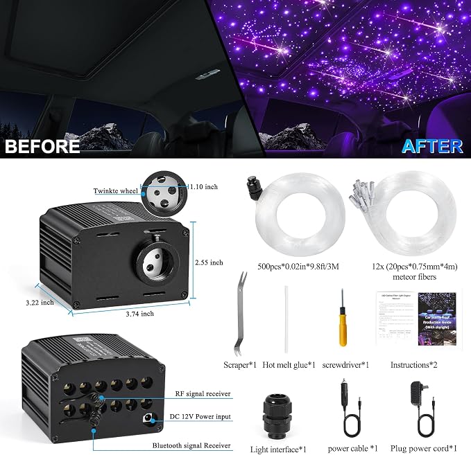 Car Starlight Headliner Kit, 16W Twinkle & Meteor Star Ceiling Lights, 2 in 1 Fiber Optic Light Engine 500pcs*0.02in*9.8ft+240 RGBW Shooting Stars Lights for Car Home Roof Décor