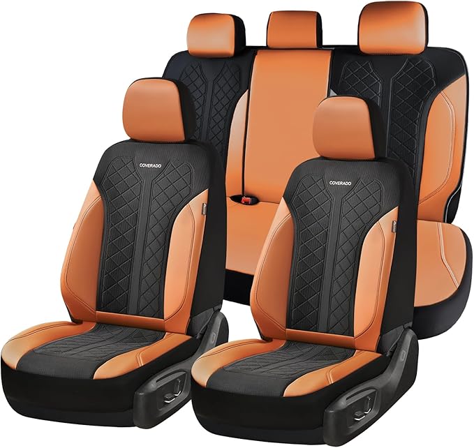 Coverado Seat Covers Full Set, Brown Car Seat Covers, PU Leather & Breathable Mesh Seat Protectors, 5-Piece Automotive Seat Covers, Universal Fit for SUVs, Trucks, Sedans