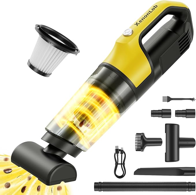 Handheld Vacuum Cordless 1.1 Pounds Car Vac 10000PA Hand Held Vacuums 4-in-1 Hand Vac Cordless Rechargeable HEPA Filter Large Capacity Dust Cup for Car Office Home Pets Hair (Yellow)