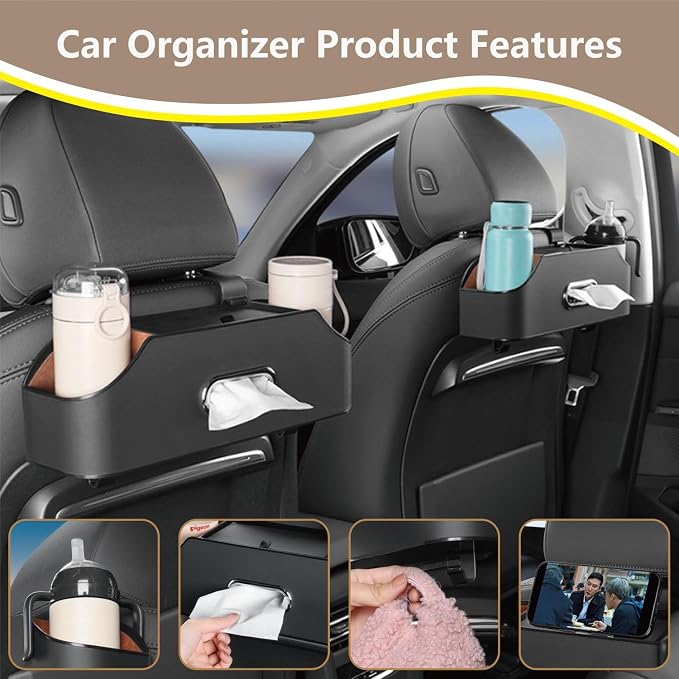 Backseat Car Organizer with 2 Drink Cup Holder - Tissue Holder - Car Seat Hooks for Headrest - Multi-functional Storage for Travel - Perfect for Kids, Adults(Black)