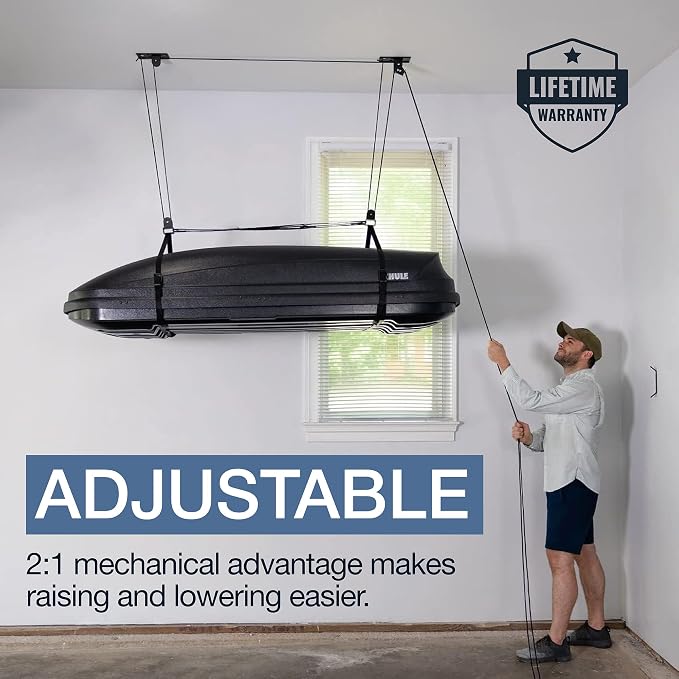 StoreYourBoard Cargo Box Pulley System – Heavy-Duty Garage Hoist Lift for Rooftop Carriers – Garage Storage & Garage Organization Ceiling Hoist with Pulley – Holds 150 lbs - Fits 8–10 ft Ceilings