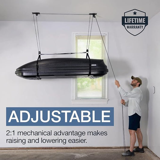 StoreYourBoard Cargo Box Pulley System – Heavy-Duty Garage Hoist Lift for Rooftop Carriers – Garage Storage & Garage Organization Ceiling Hoist with Pulley – Holds 150 lbs - Fits 8–10 ft Ceilings