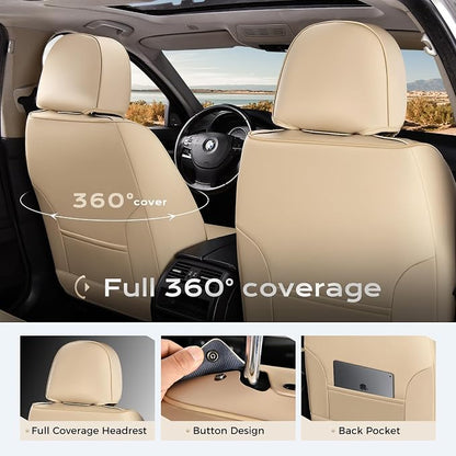 Coverado Car Seat Covers Full Sets, 5 Piece Car Seat Protector Waterproof Leather Seat Cushion Universal Fit for Truck Automotive Vehicles Beige