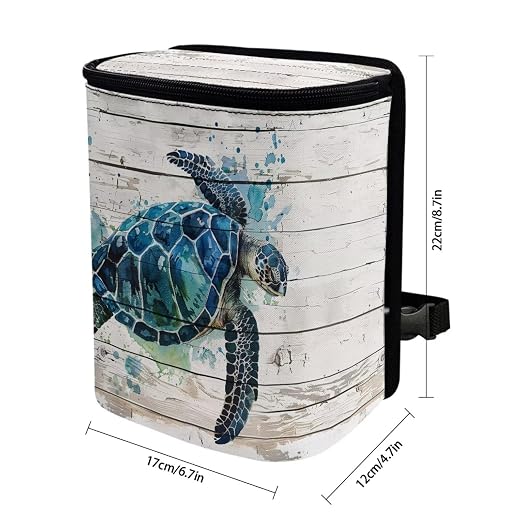 Talayituse Watercolor Turtle Wood Print Car Trash Bin, Large Size Auto Trash Can Adjustable Portable Garbage Can with Lid, Vehicle Hanging Bag for Headrest Front Back Seat