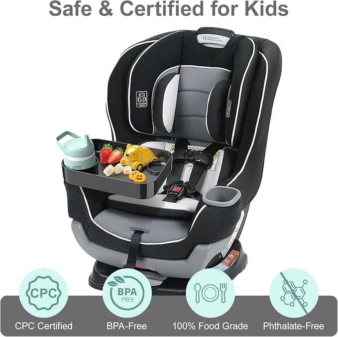 Car Seat Snack Tray for Toddlers - 3 Inch Cup Holder Fits Most Sippy Cups & Straw Bottles with Dip Well, Mess-Free Square Kids Travel Tray Road Trip Essentials, Black