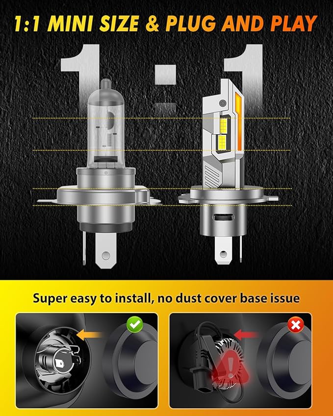 Termitor H4/9003/HB2 LED Bulbs, 50,000LM 1200% Ultra Brighter, 6500K Cool White, 85000Hrs Long Life with Cooling Fan, 1:1 Halogen Size, Plug and Play, H4 Fog Lights Bulbs, Pack of 2