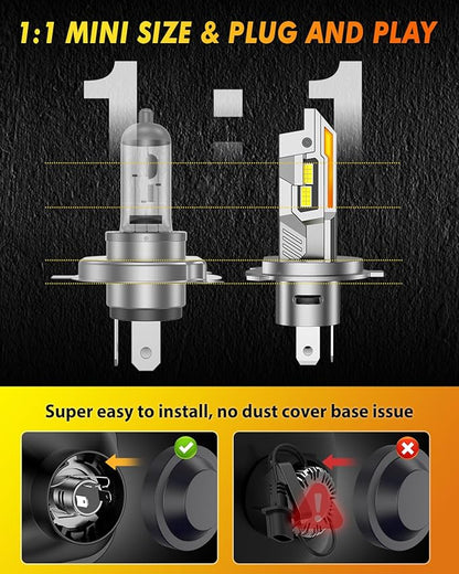 Termitor H4/9003/HB2 LED Bulbs, 50,000LM 1200% Ultra Brighter, 6500K Cool White, 85000Hrs Long Life with Cooling Fan, 1:1 Halogen Size, Plug and Play, H4 Fog Lights Bulbs, Pack of 2