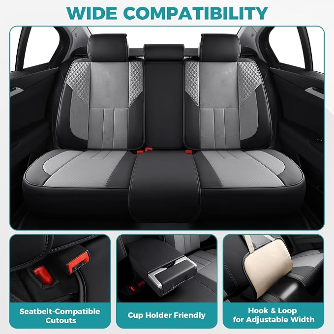 Car Seat Covers Full Set - Universal Seat Covers for Cars SUV Truck – Faux Leather Automotive Seat Covers, Breathable & Waterproof Front and Rear Seat Protectors, Fit for Most Cars-BlackGrey