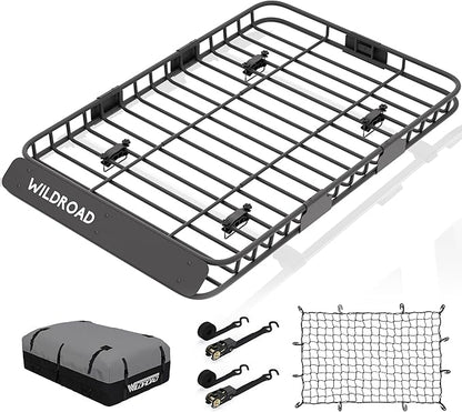 Wildroad Car Roof Cargo Basket Combo of Upgraded 64"x 39"x 4" Roof Rack Cargo Basket with 21 Cubic ft Waterproof Cargo Bag, Cargo Net, Ratchet Straps and Anti-Rust Sealant