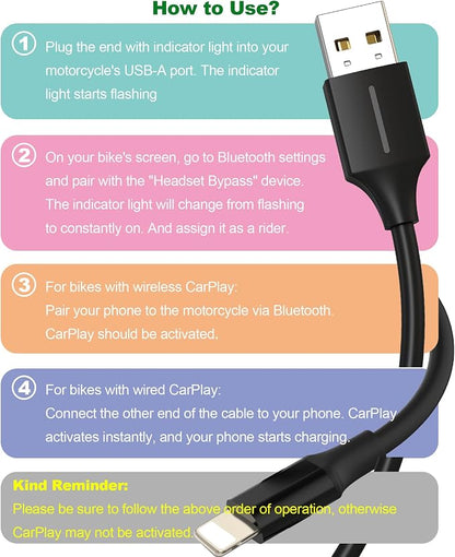 2-in-1 A/C Motorcycle Headset Bypass Cable for CarPlay Activation | Enable CarPlay Without Bluetooth Headset on GoldWing 2018-2024, Black/6",More Stable&Safer Than Passthrough Adapter