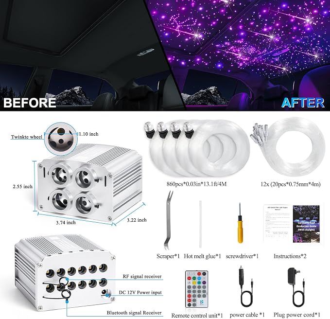 4 Colors 32W Twinkle & Meteor Car Starlight Headliner Kit, 2-in-1 Light Engine 860pcs*0.03in*13.1ft+240 RGBW Fiber Optic Cable Shooting Car Star Roof Lights, Ceiling Star Lights for Car Home Theater