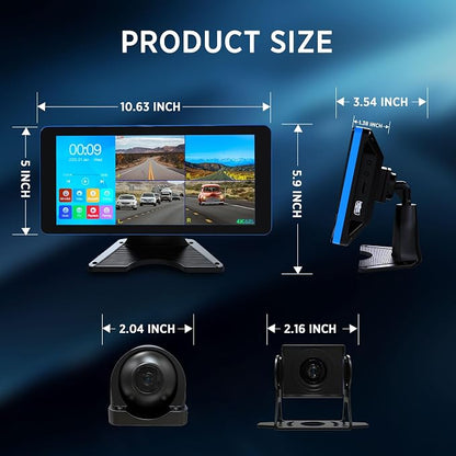 4K Backup Camera 4CH Dash Cam 10.36" Quad Split Touch Screen & 4 AHD Front Rear Sides View Camera w/DVR Recording Music Video Playback Avoid Blind for RV Semi Trailer Truck Van