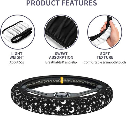 Black and White Star Moon Steering Wheel Covers Non Slip Neoprene Steering Wheel Protector Cover Universal 15 Inch for Men Women Car Truck