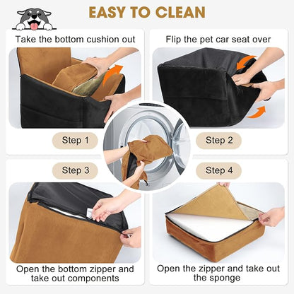 JOEJOY Dog Car Seats for Small Medium Dogs Under 35lbs, Dog Booster Seat with Detachable Washable Cover and Cushion, Memory Foam Pet Car Seat with Safety Belt and Storage Pockets (Brown)