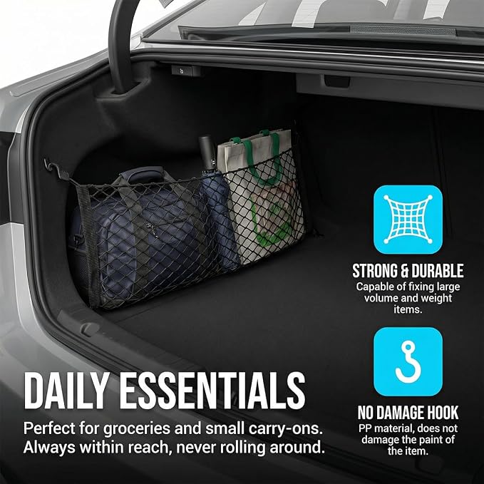 Car Cargo Net, 31.5" x 23.62" Elastic Stretchable Adjustable Vehicle Trunk Mesh Nets with Hook, Automotive Cargo Netting Storage Organizer, Universal for SUV Motorhome Lorry