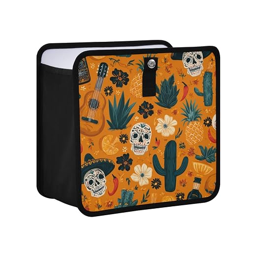 Car Trash Can Organizer Bin with Adjustable Strap for Back Front Seat Console Waterproof Leakproof Collapsible Portable 8.66 Inch Orange Day Of The Dead Skull Cacti