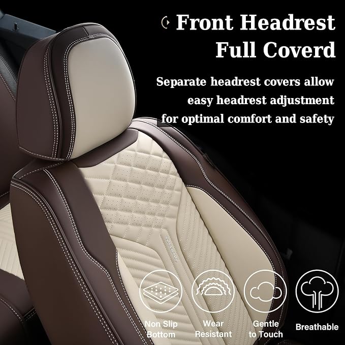 Coverado Leather Car Seat Covers Full Set, 5 Seats Waterproof Seat Covers for Cars Front and Rear Seat Cushions Protectors Universal Fit Most Vehicles (Bronw&Beige)