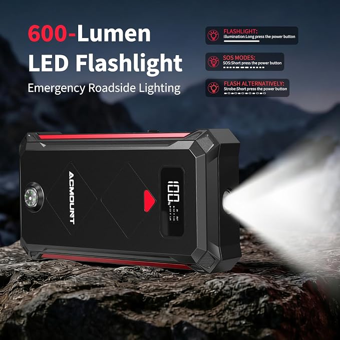 Acmount P100 Car Jump Starter, 5000A Peak Lithium Jump Starter Battery Pack for Up to 10.0L Gas or 8.0L Diesel Engine, Safe 12V Portable Battery Starter Power Pack with LED Screen & LED Light