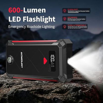 Acmount P100 Car Jump Starter, 5000A Peak Lithium Jump Starter Battery Pack for Up to 10.0L Gas or 8.0L Diesel Engine, Safe 12V Portable Battery Starter Power Pack with LED Screen & LED Light