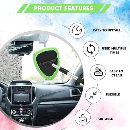 Windshield Cleaning Tool, Car Window Cleaner with Extendable Handle, 4 Microfiber Pads and Spray Bottle, Auto Interior Exterior Glass Wiper Cleaning Kit Universal for RV, SUV, Truck (Green)
