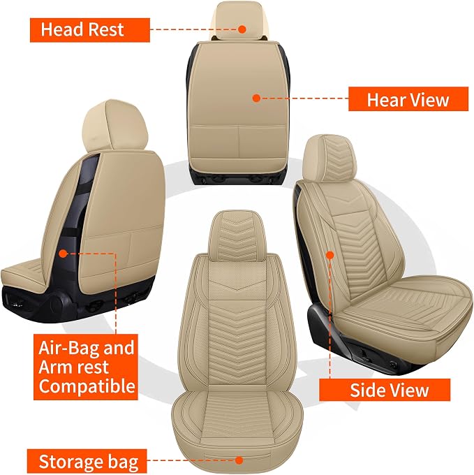 HChengkikz Nappa Leather Car Seat Covers Front Seats, Beige Car seat Protector, Waterproof Car Seat Cushion, Universal Automotive Seat Covers Fit for SUV Truck Pick-up Sedan and Most Cars