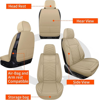 HChengkikz Nappa Leather Car Seat Covers Front Seats, Beige Car seat Protector, Waterproof Car Seat Cushion, Universal Automotive Seat Covers Fit for SUV Truck Pick-up Sedan and Most Cars