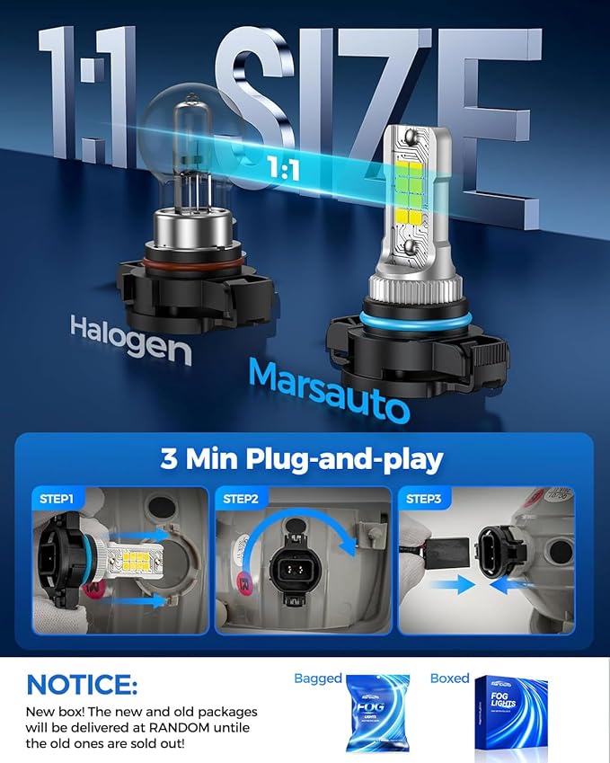Marsauto 5202/5201 LED Fog Light Bulbs, 100% Successful Installation, 12000 Lumens 600% Brightness 6000K LED Bulbs, 5201 PS24W 5202 Fog Light Bulbs, Non-polarity, 1:1 Size, Pack of 2